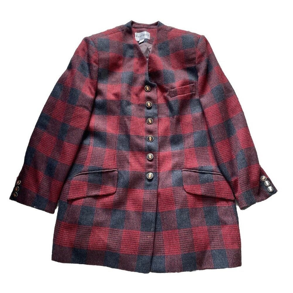 John Meyer Of Norwich Blazer 14 Red Black Houndstooth Plaid Wool Blend Jacket